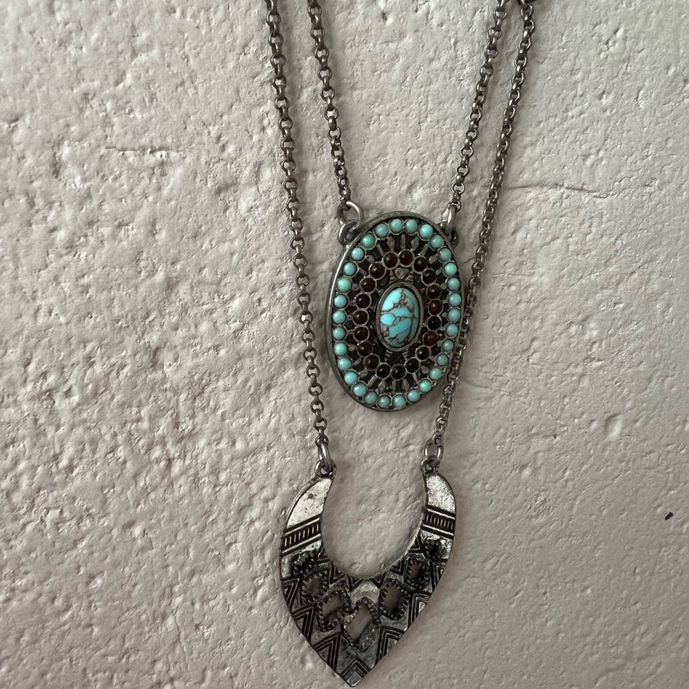 LUCKY Boho Silver tone Necklace Double Strand Lobster Claw Layered - Picture 4 of 14